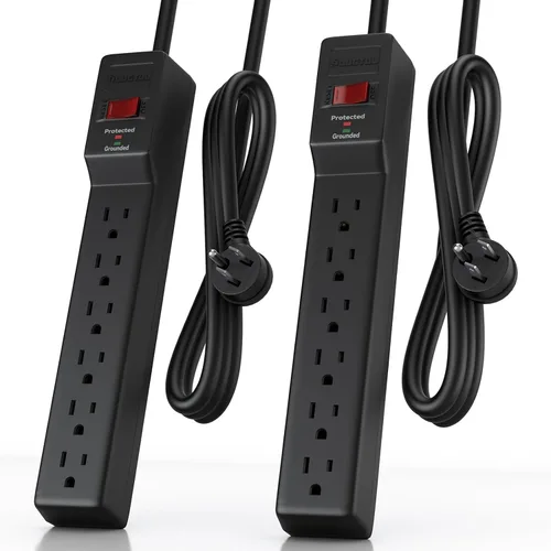 Vista 9 de PLUGTUL Paquete de 2 protectores de sobretensiones con 6 tomas de corriente y cable de extensión de 2 pies, 1875 W/15 A, 90 julios, protección Negro