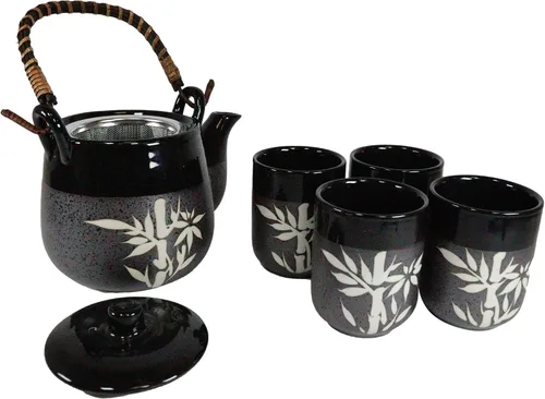 Vista 4 de Ebros - Juego de tetera de porcelana japonesa de bambú de la suerte negra y carbón, 20 onzas, sirve para 4 invitados con mango de madera de bambú