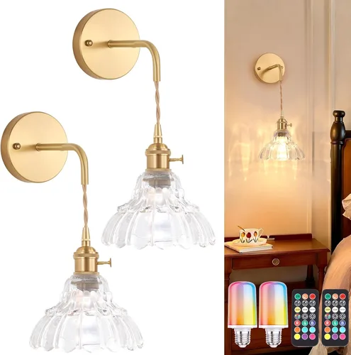 Vista 27 de Shenmoyl - Aplique de pared que funciona con pilas, lámparas de pared vintage recargables con pantalla de vidrio de lirio verde, lámpara de pared