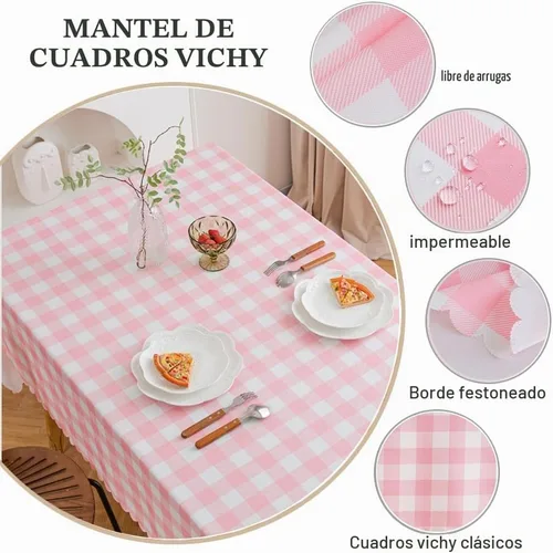 Vista 3 de MANGATA CASA Mantel de cuadros rosa para mesas cuadradas, mantel a cuadros, impermeable, para cocina y mesa, mantel de poliéster a cuadros sin Rosa