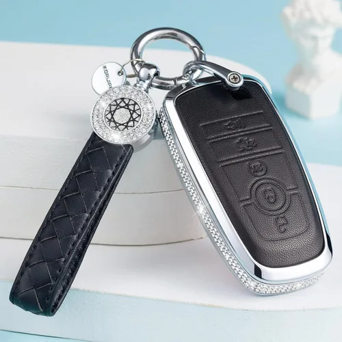 Vista 5 de Funda para Llave Ford con Llavero, Protector de Estuche de Llave de Cuero con Cristal Compatible con Ford Fusion F150 F250 F350 F450 F550 Edge