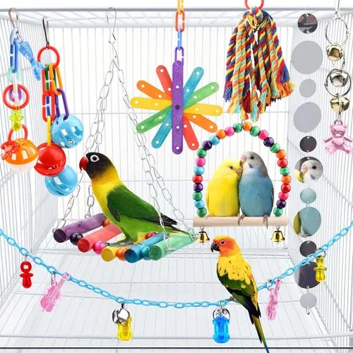 Vista 8 de QUOZUO 9 piezas de juguetes de loro, periquito para pájaros, accesorios para jaula de pájaros, cuerda de columpio, perca de madera, juguetes