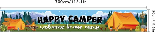 Vista 5 de Cartel de fondo de Happy Camper con 118.1 x 19.6 pulgadas, tela de poliéster de tamaño largo, letrero de telón de fondo para camping, suministros