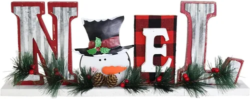 Vista 8 de Letras rústicas de madera con recortes de mesa, decoración de muñeco de nieve, decoración de Navidad, letreros de bloque de palabras de madera