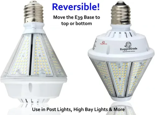 Vista 2 de RuggedGrade Bombilla LED de gran altura de 80 W, serie Oberon II, 9,800 lúmenes, blanco cálido de 3000 K, incluye base intercambiable E39 y E26
