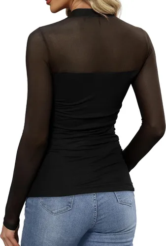 Vista 6 de Camisas de manga larga de malla sexy para mujer, ropa de moda, cuello de tortuga, drapeada, para salir, trajes de otoño, blusas ajustadas Negro