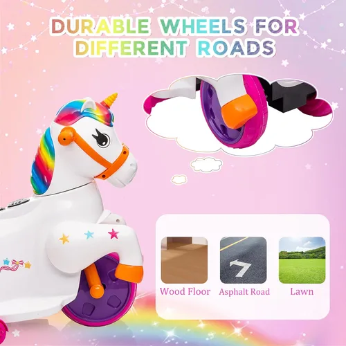 Vista 6 de Juguete de paseo en coche para niños pequeños TOBBI Juguete de paseo en unicornio para niños y niñas de 3 ruedas, motocicleta eléctrica para niños