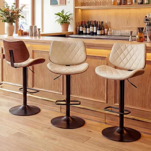 Vista 11 de LUNLING Taburetes de bar giratorios con respaldo y reposapiés, taburetes de mostrador modernos ajustables de mediados de siglo, sillas de bar Beige