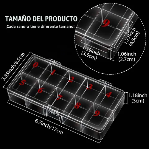 Vista 2 de Caja de 2 piezas vacía para puntas de uñas, 10 ranuras numeradas, caja organizadora de puntas de uñas postizas, caja de almacenamiento de rejilla