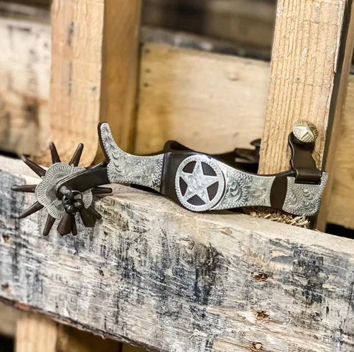 Vista 5 de AJ Tack Texas Star Spurs marrón antiguo para hombre, 10 puntos plateado