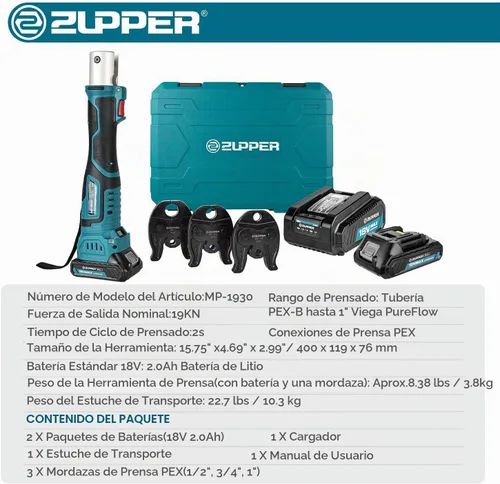 Vista 6 de ZUPPER - Mini herramienta de prensa para manguitos de acero inoxidable de tubo PEX de 1/2", 3/4", 1" 18V Electric Pipe Crimping Tool Suitable for