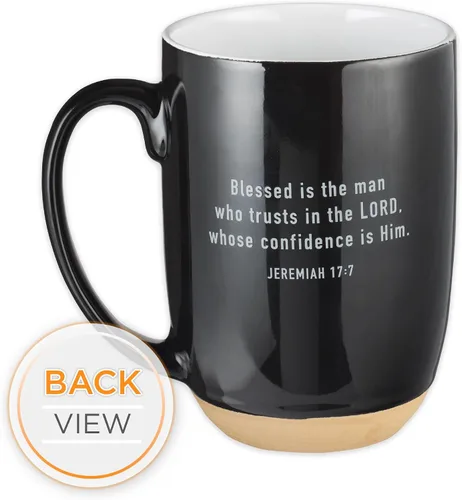 Vista 2 de Taza de café Christian Art Gifts: Hombre Bendito - Jeremías 17:7 Escritura inspiradora, 15 oz, Negro