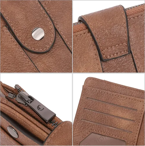 Vista 5 de Cartera pequeña para mujer, de cuero, plegable, multitarjeta, organizador de diseñador, moneda con cremallera y ventana de identificación extraíble