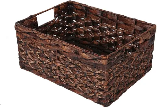 Vista 8 de Cesta rectangular tejida de jacinto de agua, cesta de almacenamiento oscura con asas interiores, estantes de cocina, escritorio de oficina