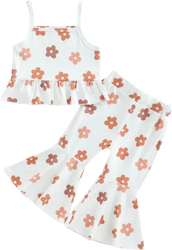Vista 14 de Ropa de verano para bebé niña, sin mangas, estampado floral, correa acanalada, parte superior acampanada, pantalones de 2 piezas
