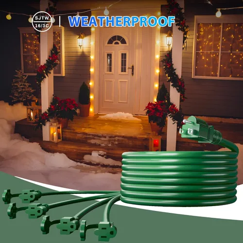 Vista 7 de K KASONIC - Cable de extensión de luces navideñas para exteriores de 46 pies con múltiples tomas, cable eléctrico resistente con certificación ETL
