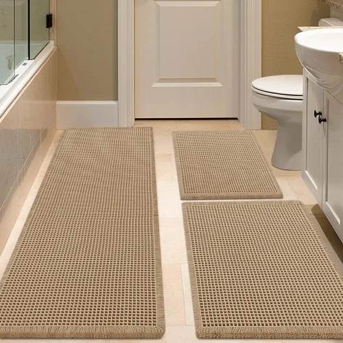 Vista 8 de IM HOME Tapete de baño de punto gofre, color caqui, de 24 x 17 pulgadas, tejido bohemio, moderno, absorbente, antideslizante, suave, lavable