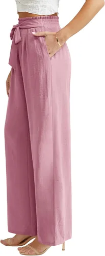 Vista 3 de Feiersi Pantalones casuales de pierna ancha para mujer, de cintura alta, para negocios, trabajo, casual, holgados, holgados, para playa, palazzo