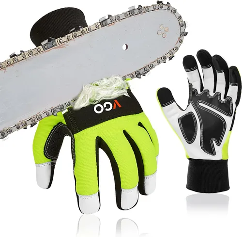 Vista 7 de Vgo... Guantes de motosierra, protección de motosierra de 12 capas en la parte posterior de ambas manos, guantes de trabajo de cuero, guantes