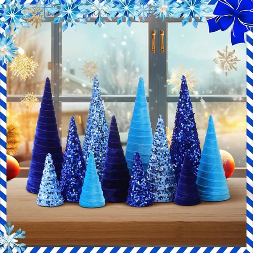 Vista 4 de Ireer 12 piezas Árboles de Navidad de terciopelo varios tamaños cono de terciopelo decoraciones modernas para interiores centro de mesa minimalista