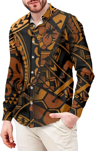 Vista 11 de Camisa de guayabera polinesia para hombre, patrón de Samoa Americana, vintage, cuello en V, manga larga, hawaiana, camisas de vestir para hombres