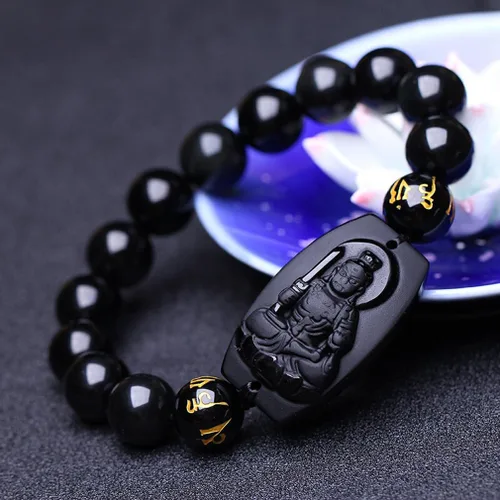 Vista 4 de 100% obsidiana natural pura inamovible Bodhisattva Buda pulsera pulsera