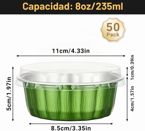 Vista 2 de Beasea Ramequines desechables con tapas, paquete de 50 tazas de papel de aluminio para hornear de 8 onzas, 235ml con tapas, moldes de aluminio