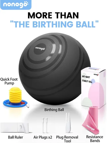 Vista 8 de nonogo Bola de parto para embarazo con bandas de resistencia, pelota de ejercicio para entrenamiento, yoga, terapia física, fisio de maternidad