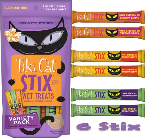 Vista 2 de Tiki Cat Stix - Golosinas húmedas sin granos, mezcla suave y sedosa en salsa cremosa, pollo, salmón y pato con toallitas para mascotas de 10