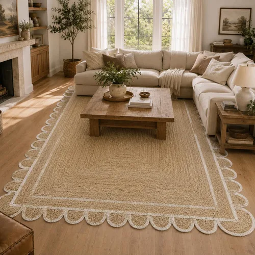 Vista 16 de Alfombra festoneada de yute natural, base natural con ribete blanco hueso, alfombra bohemia de granja hecha a mano con respaldo antideslizante