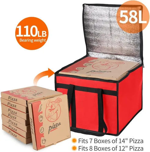 Vista 4 de Bodaon Bolsa de entrega de pizza aislada, 16 x 16 x 14 pulgadas, bolsas calentadoras de pizza para llevar caliente, bolsa de entrega comercial Negro