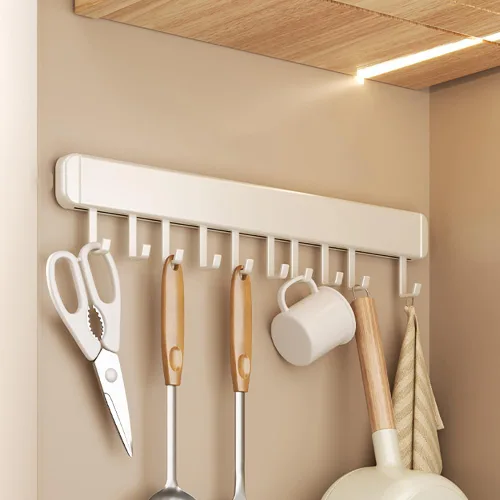 Vista 8 de Soporte para utensilios de cocina, ganchos de cocina, estantes para colgar utensilios de pared, autoadhesivo, debajo del gabinete, organizador