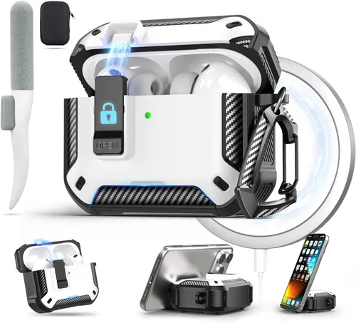 Vista 13 de Maxjoy Funda para AirPods Pro 3 2025, MagSafe compatible con bloqueo automático, funda protectora a prueba de golpes con soporte para teléfono