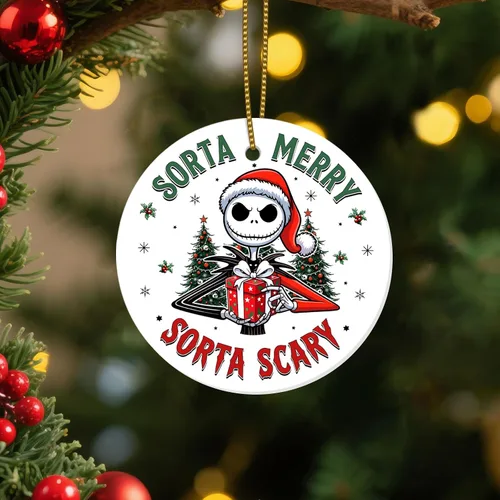 Vista 25 de Adornos Colgantes de Navidad Ho-Ho-Ho de 2 Lados Impresos 2025, Regalos de Terror de Navidad para Amantes de las Películas, Adorno de Cerámica