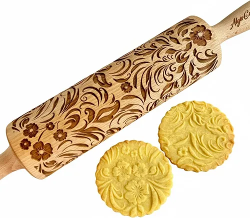 Vista 15 de Rodillo de gofrado BLOOMY con patrón floral – Rodillo para masa y arcilla para galletas y cerámica en relieve - Sello para galletas y cerámica
