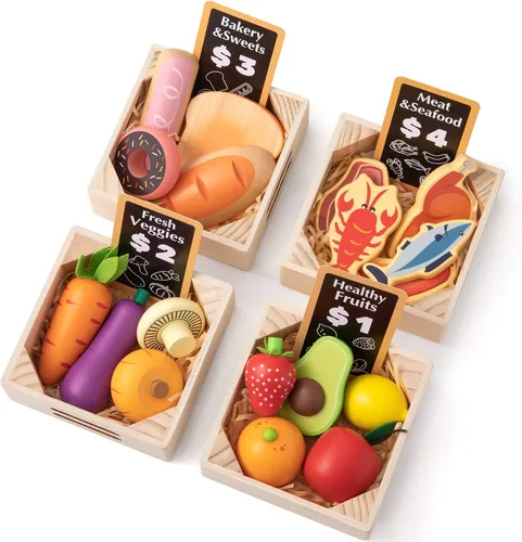 Vista 3 de Tiny Land Cocina de juego de madera con sistema de almacenamiento de juguetes y juegos de comida de madera para jugar a partir de 3 años