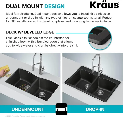 Vista 7 de Kraus Forteza - Fregadero de cocina de doble seno 50/50 de granito de instalación empotrada/sobre encimera, 33 pulgadas, color negro (KGD-52BLACK)