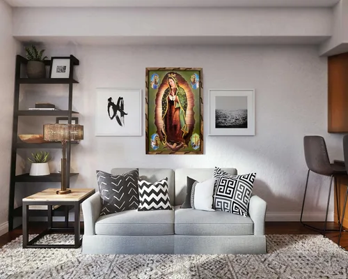 Vista 3 de Mrcjsales: imagen de Nuestra Señora de Guadalupe con imágenes en la esquina en marco rústico, pintura al óleo, 24 x 36 pulgadas, 13 x 18 pulgadas