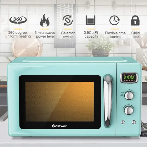 Vista 2 de COSTWAY horno microondas retro para encimera, 0.9 ft³, 900 W, con 5 niveles de potencia, funciones de descongelamiento y cocción automática