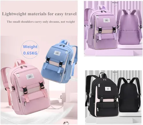 Vista 7 de Mochila para niños de color sólido para niñas, primaria, escuela secundaria, casual, ligera, bolsa de viaje para adolescentes, Púrpura, Estilo-b