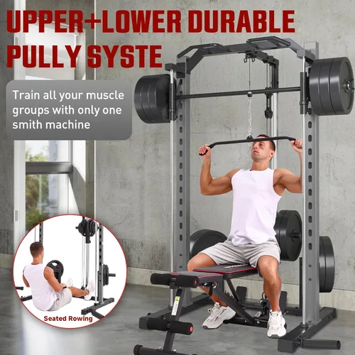 Vista 3 de OPPSDECOR All-in-One Adjustable Smith Machine with LAT-Pull Down System Multi-Function Power Cage for Home Gym Cable Crossover Squat Rack of Workout