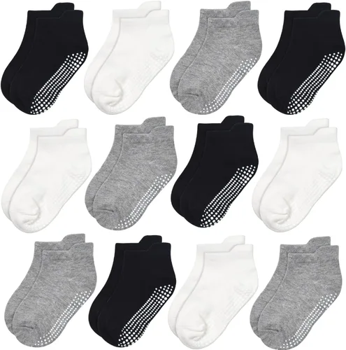 Vista 16 de GRPSKCOS - Calcetines antideslizantes para niños pequeños de 12 pares, calcetines antideslizantes para tobillos para niñas y niños, calcetines