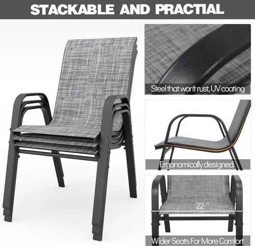 Vista 6 de Sillas de patio, sillas de comedor apilables para todo tipo de clima, tela de textileno y marco de metal, juego de sillas para exteriores para patio