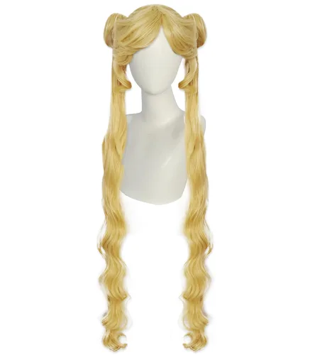 Vista 3 de Ebingoo Peluca rubia para niñas con dos colas de caballo, peluca de luna marinera + gorra de peluca, pelucas largas rubias con coletas con moños