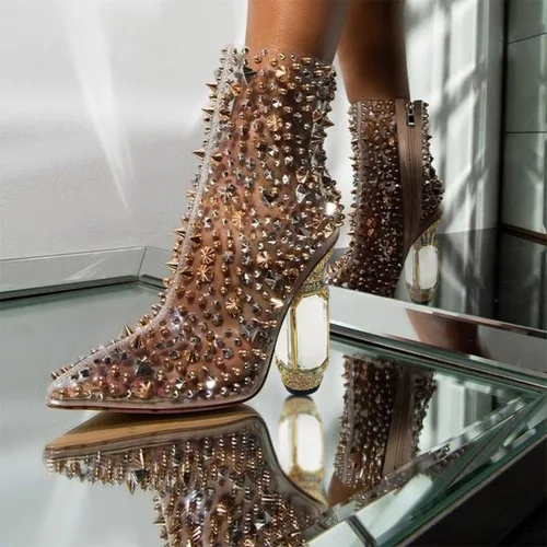 Vista 42 de FSJ Botas de tacón alto con punta puntiaguda para mujer, con tacón alto, con cremallera lateral brillante, estilo casual, para uso diario, zapatos