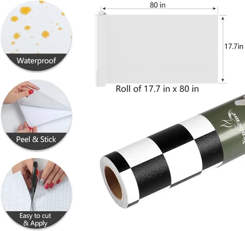 Vista 7 de Yenhome Papel tapiz a cuadros en blanco y negro para despegar y pegar a mediados de centro, moderno papel de contacto blanco y negro para armarios