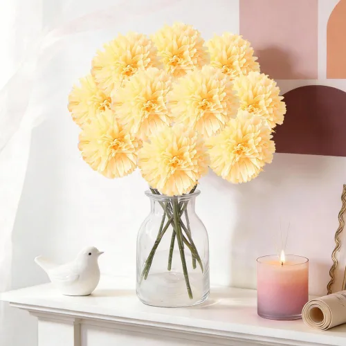 Vista 9 de Mini flores artificiales de crisantemo, 10 tallos de pompón sintético para arreglos de jarrón, decoración del hogar (beige)
