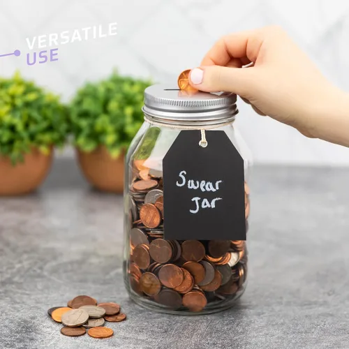 Vista 3 de Tarro grande con punta de banco de monedas con tapa plateada ranurada con capacidad para más de $300 en monedas, utilizado para hucha y sorteo
