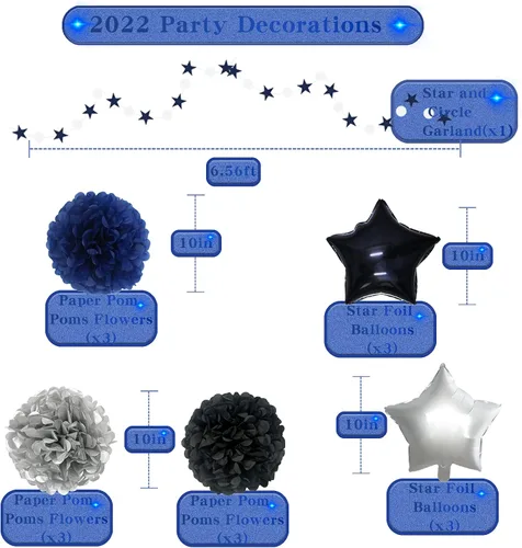 Vista 4 de Suministros de fiesta de Nochevieja 2025, decoraciones de clase de 2025, azul y negro, globos de Fiol Banner de flores pompones de flores guirnalda