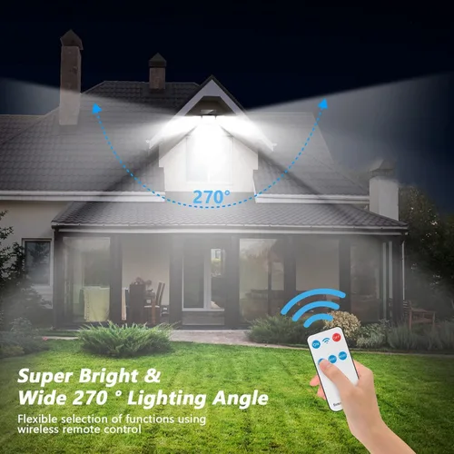 Vista 2 de Luces solares para exteriores, 288 LED 2800LM sensor de movimiento luz al aire libre con control remoto, 4 cabezales IP65 impermeable luces solares